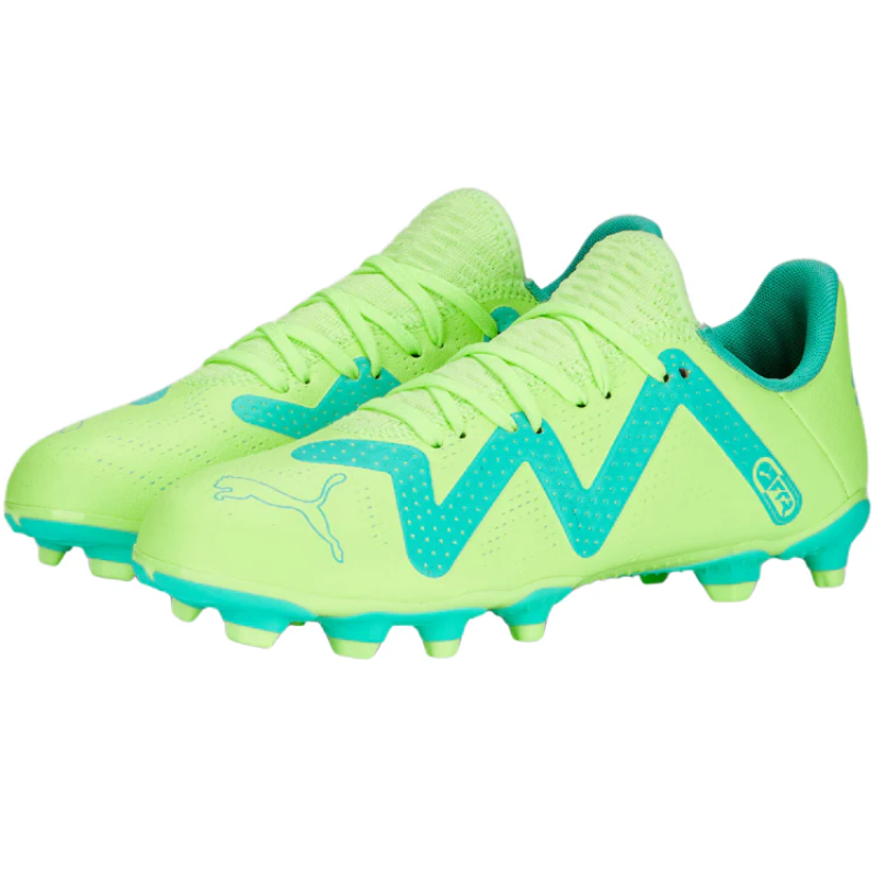 Puma Future Play FG/AG Soccer Cleats Junior Fast Yellow/PUMA Black/Electric Peppermint side/front of both shoes pointing to the lower-left