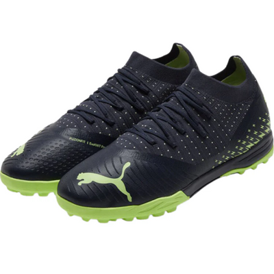 Puma Future Z 3.4 TT Soccer Turf Boots Black/Green Adult side/front of both shoes pointing to the lower-left