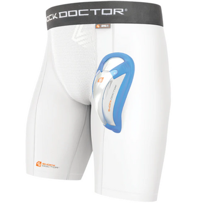 Shock Doctor Boys Core Double Compression Shorts with BioFlex Cup front view with blue cup showing