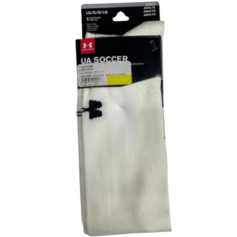Under Armour Soccer Socks Adult White showing black logo folded in packaging