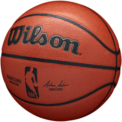 Wilson NBA Authentic Indoor Composite Basketball side front showing logos facing left